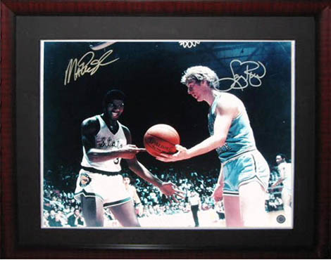Framed Magic Johnson, Larry Bird Dual Signed 16 x 20 In the Post  Photograph